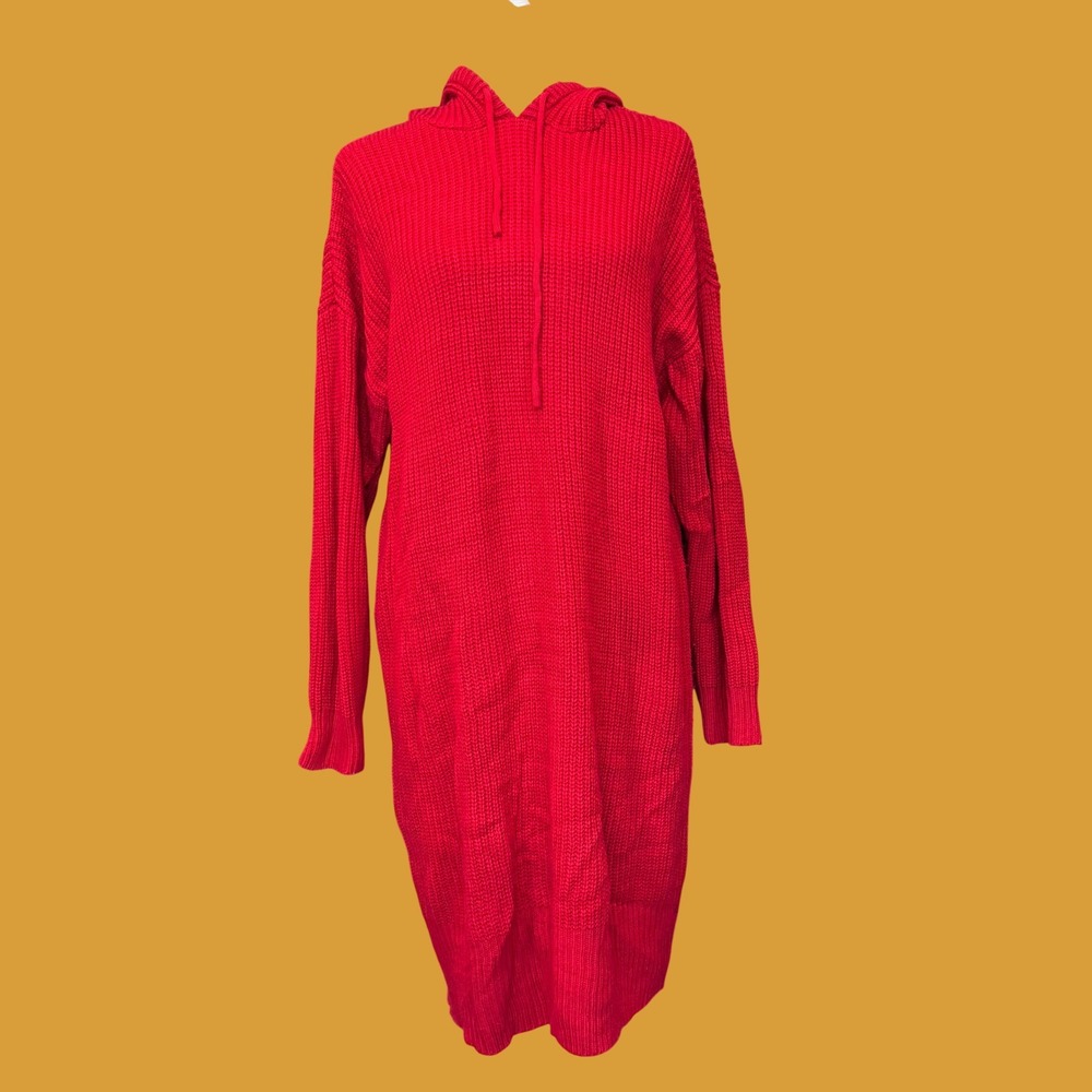 Almost Famous Hooded Sweater Dress Women 3X Red Excellent Shaker Knit Longline
